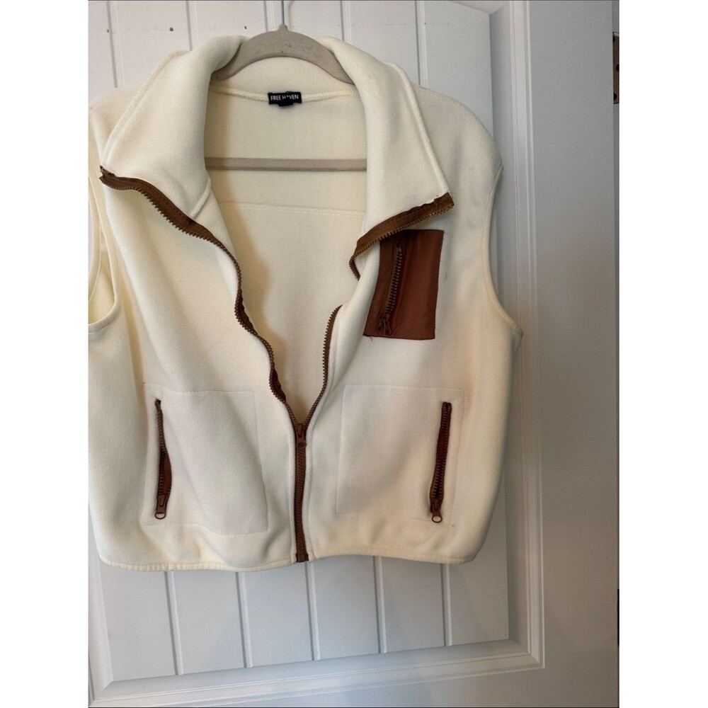 Free Haven Cream Fleece Vest with Brown Trim Accents